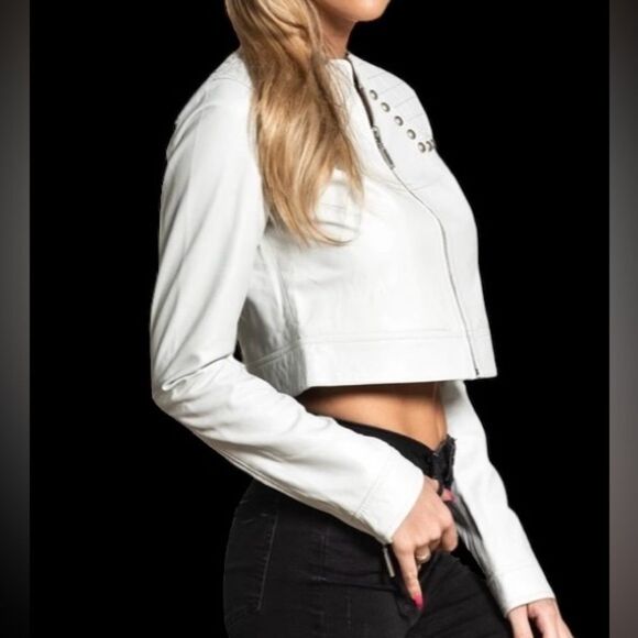 Affliction | Women’s Affliction White Leather jacket studded crop jacket NWT XL - Picture 3 of 13